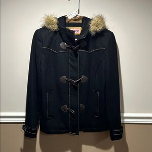 Black Toggle Coat with Faux Fur Hood